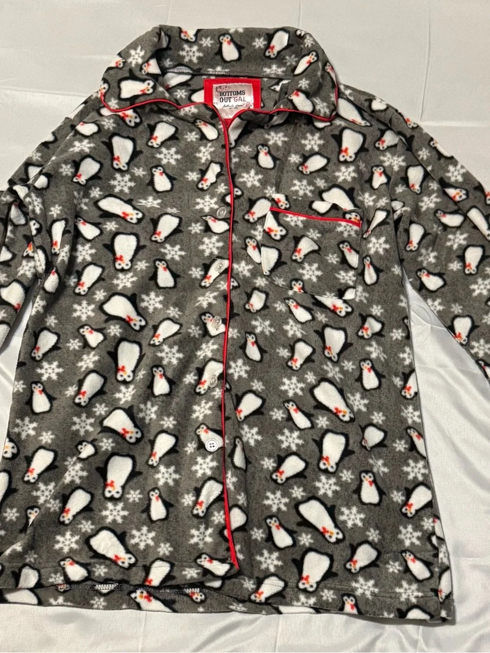 Bottoms Out Gal Kids Grey Penguin Fleece Pajama Top with Red Trim